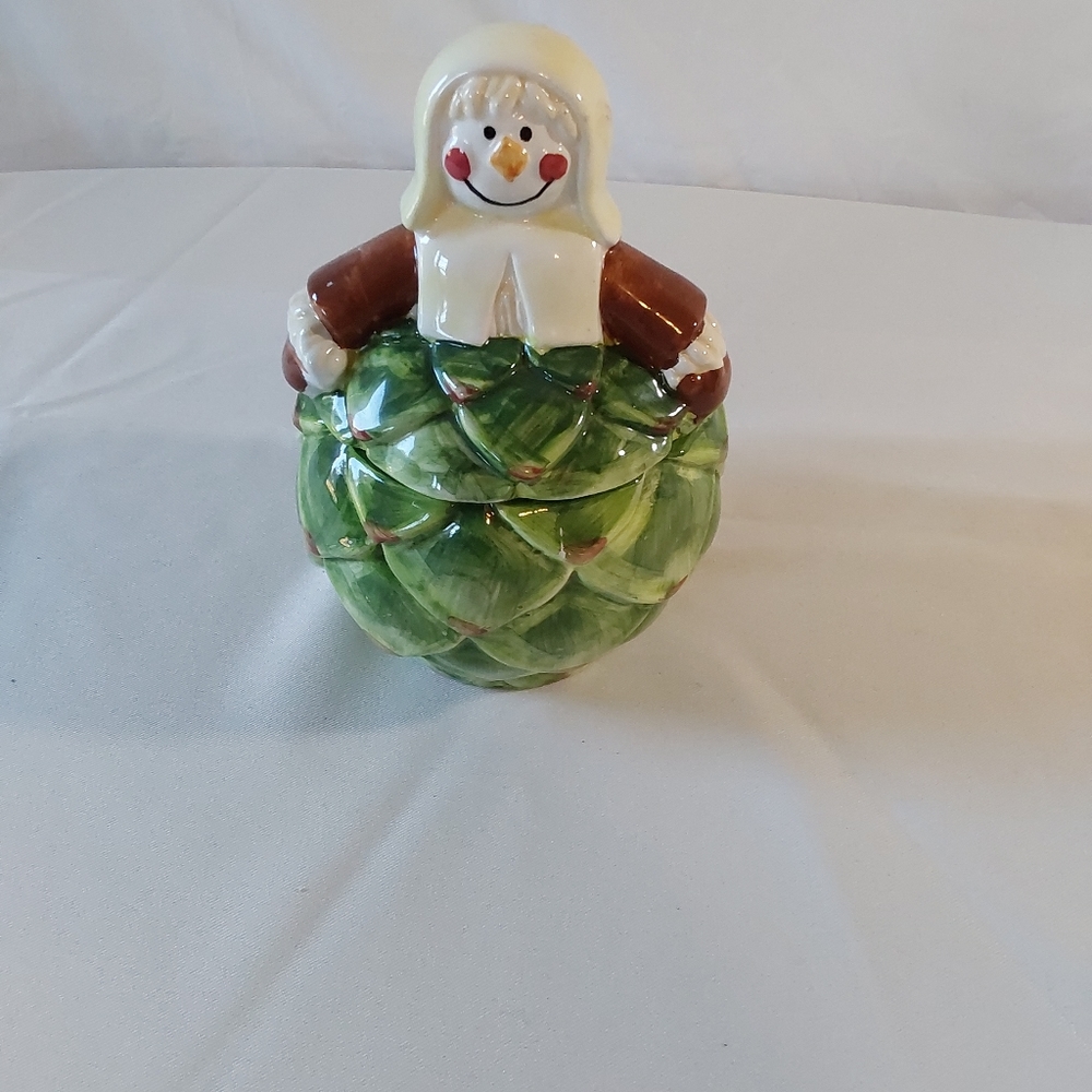Vintage 1970 WCL ceramic jar scarecrow in an artichoke.